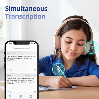 Person wearing headphones and using a smartphone with simultaneous transcription app