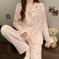 Pink Bow Dtie Design Pajamas for Women Long Sleeve Top & Elastic Waist Pants Pajamas Set Style Casual New Home Wear