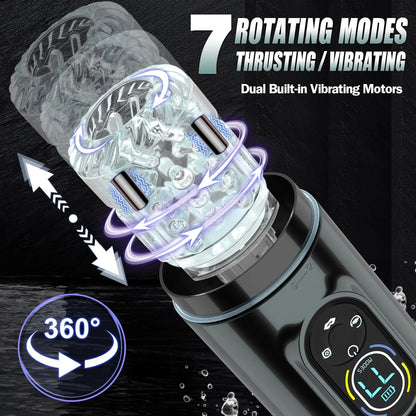 Sexual product with rotating modes and dual built-in vibrating motors on a dark background