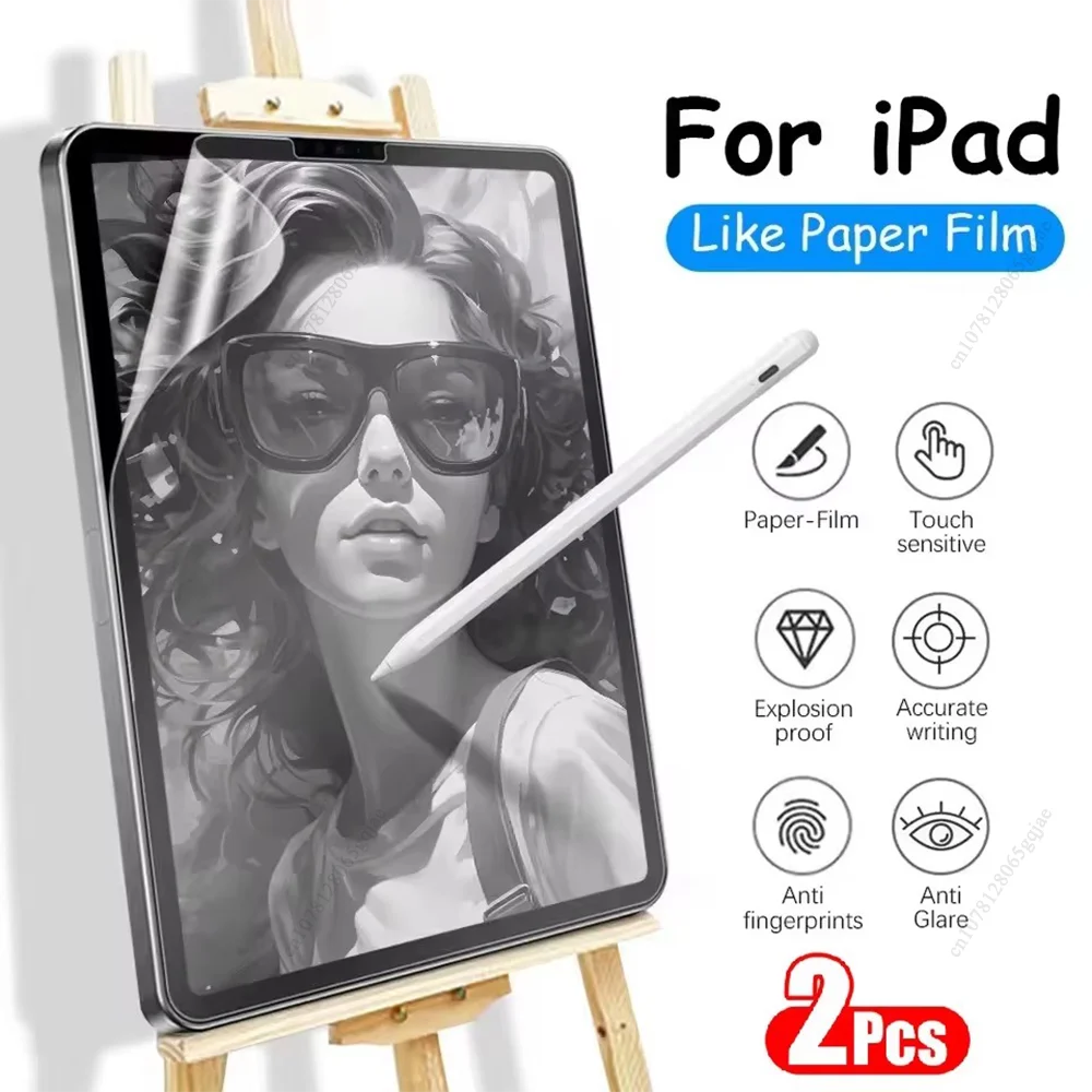iPad screen protector with a stylus on an easel, showing features like paper-like feel and touch sensitivity.