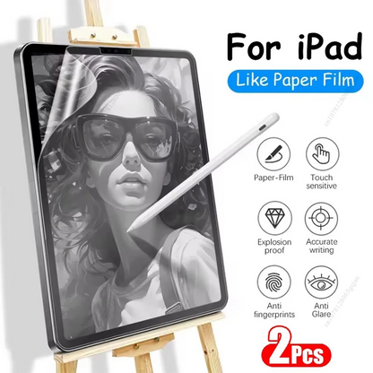 iPad screen protector with a stylus on an easel, showing features like paper-like feel and touch sensitivity.