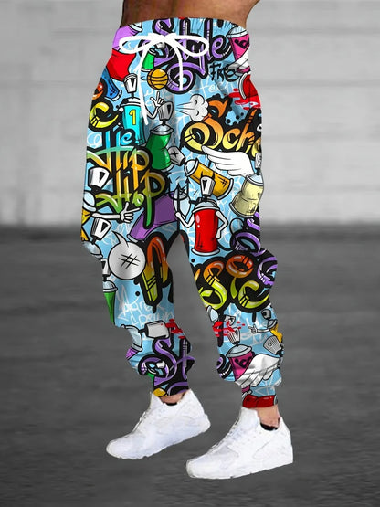 2025 European and American Autumn Men's Letter Graffiti Printed Soft and Comfortable Drawstring Pants Outdoor Street Style Pants
