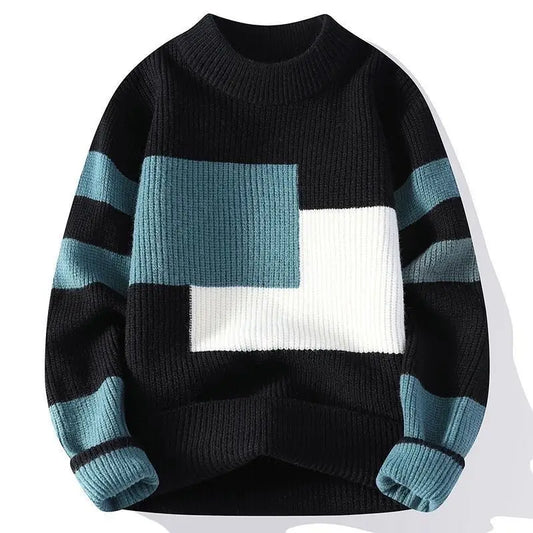 Men's Mock Neck Patchwork Contrast Knit Pullover Sweater