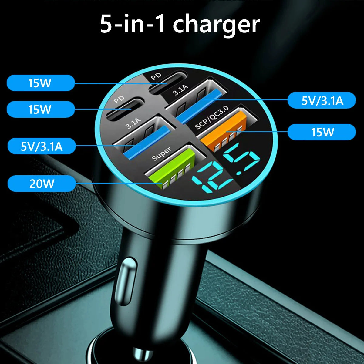 USB-C 6-Port Car Charger — Super Fast Charging with Voltage Detection Display