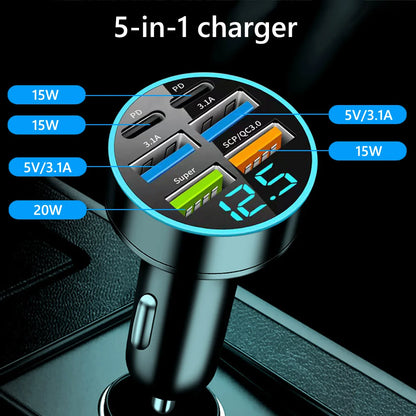 USB-C 6-Port Car Charger — Super Fast Charging with Voltage Detection Display