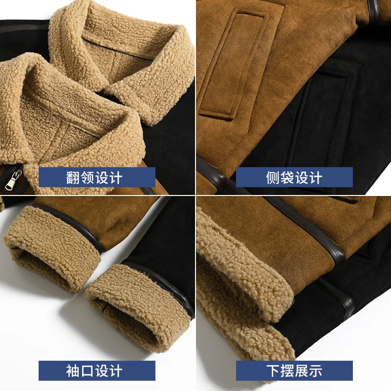 American Retro Fur One Piece Coat Men's Winter Thickened and Fleece Leather Jacket Air Force Pilot Lamb Fleece Leather Jacket