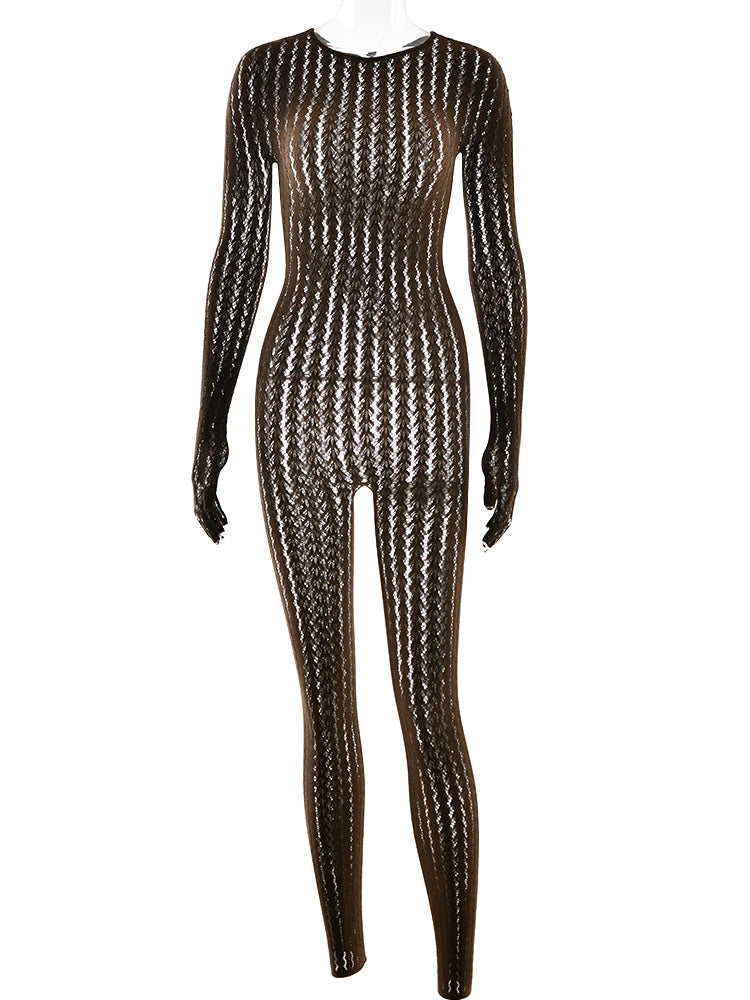 Sibybo Transparente, ausgehöhlte Jumpsuits Damen Sommer Rundhals Langarm Hochelastisch Einteiliger Jumpsuit Overall Dünner Sexi Overall