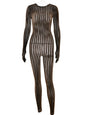 Sibybo Transparente, ausgehöhlte Jumpsuits Damen Sommer Rundhals Langarm Hochelastisch Einteiliger Jumpsuit Overall Dünner Sexi Overall