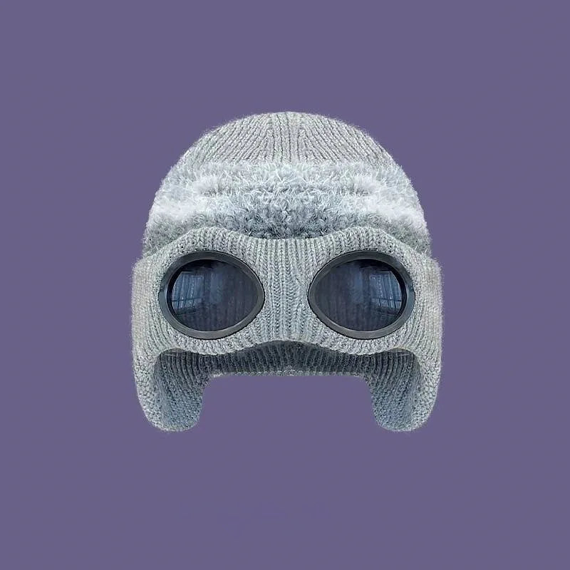 Pilot Goggles with Fleece Knit Hat for Autumn and Winter Cold Weather Protection, Warm Woolen Hat for Men and Women, Versatile T