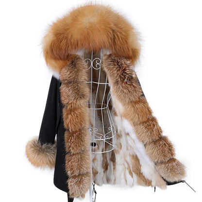 MAOMAOKONG 2023 Abnehmbarer Echtfuchs Pelzkragen Mäntel Damen Winterjacke Kapuze Kaninchenfellfutter Lange Parkas Damenbekleidung