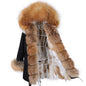 MAOMAOKONG 2023 Abnehmbarer Echtfuchs Pelzkragen Mäntel Damen Winterjacke Kapuze Kaninchenfellfutter Lange Parkas Damenbekleidung