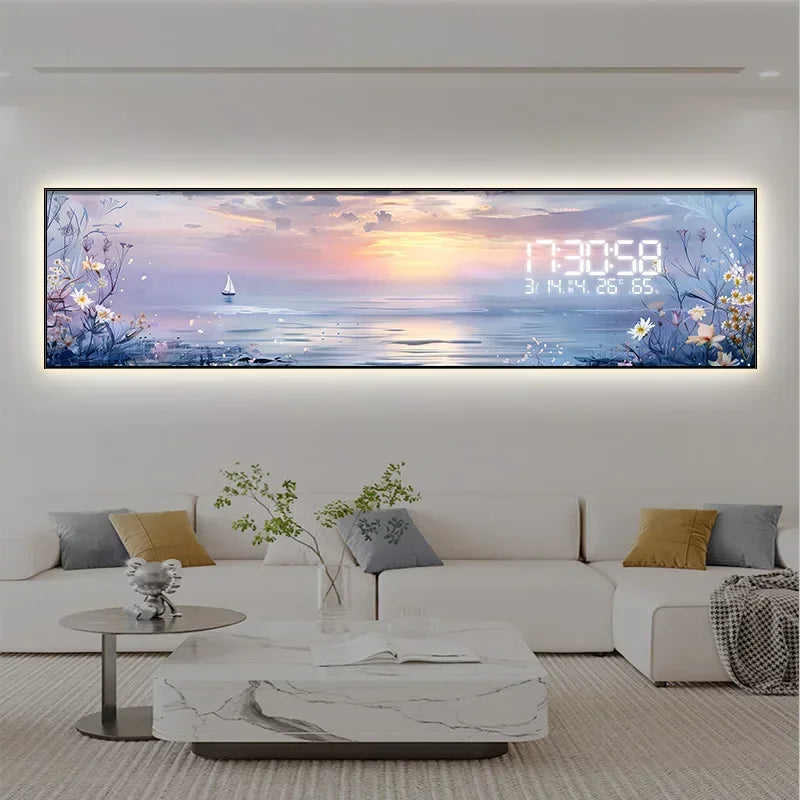Modern living room with a large digital wall clock displaying a scenic image.
