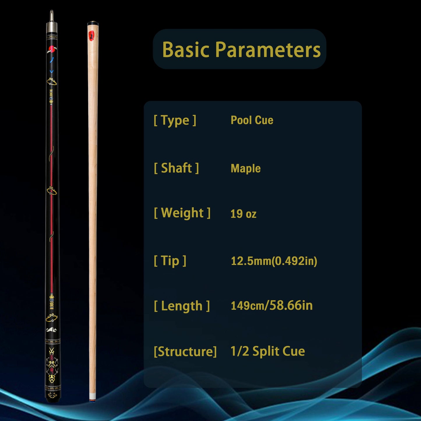 12.5mm Multi-Layer Tip Hard Maple Pool Cue with Gold Stamped Patterns - 58.66 Inch Stainless Steel Quick-Release Joint
