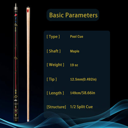 12.5mm Multi-Layer Tip Hard Maple Pool Cue with Gold Stamped Patterns - 58.66 Inch Stainless Steel Quick-Release Joint