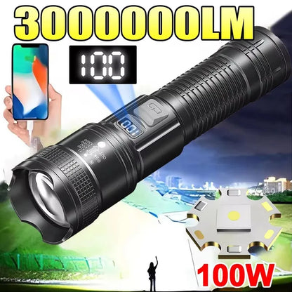 Leistungsstarke LED-Taschenlampen 300000LM Taktische Taschenlampe mit Displaylicht USB-Ladefunktion Camping Angeln Verteidigung Zoom-Laterne