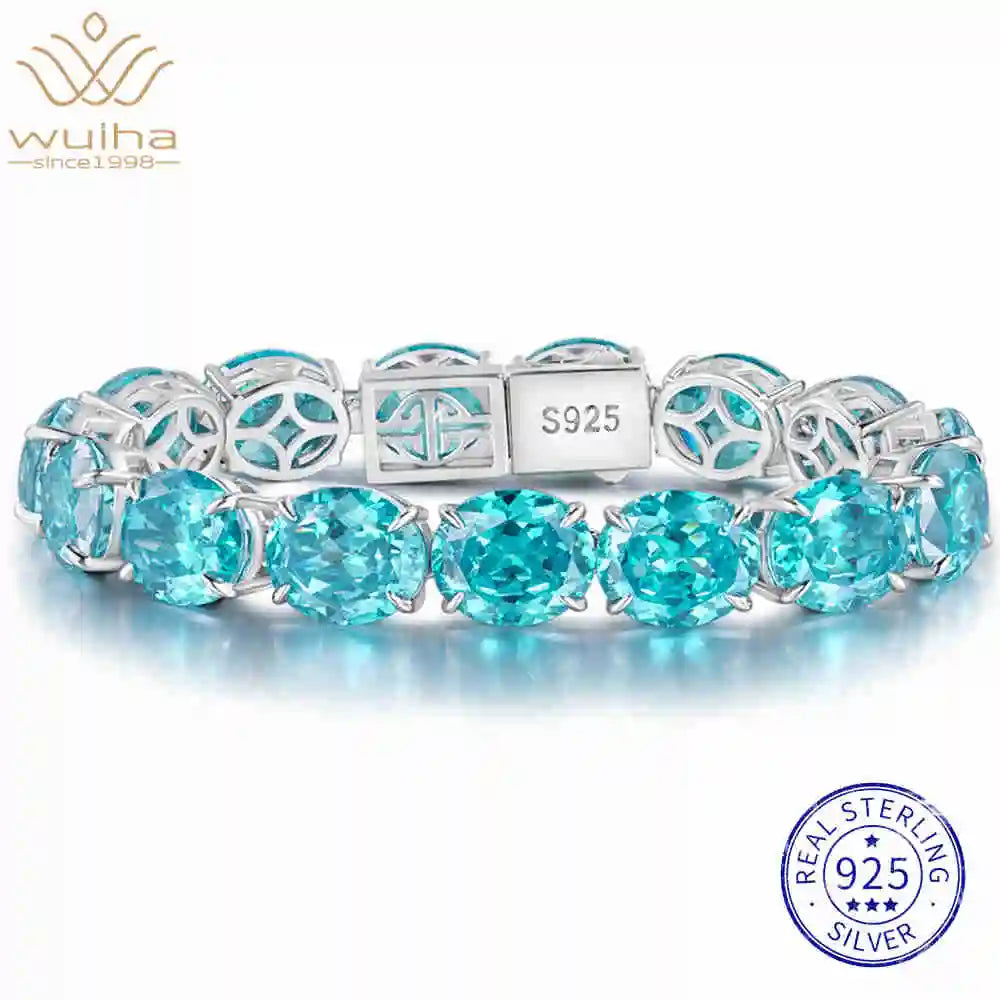 925 Sterling Silver Oval Cut 10 12 MM Lab Sapphire Paraiba High Carbon Diamonds Gemstone Bracelet Bangle