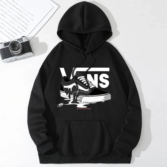 Black hoodie with Vans logo and sneaker graphic on a white background