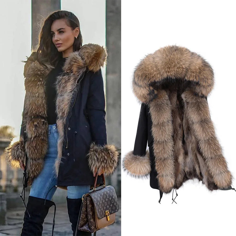 MAOMAOKONG Brand Long Winter Jacket Women Outwear Thick Parkas Natural Real Fox Fur Collar Coat Hooded Pink Female Clothing