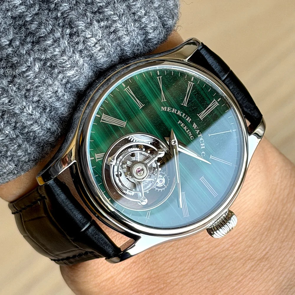 100% Tourbillon Watch Natural Stone Dial Malachite Sapphire Mechanical Wrist Watches
