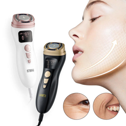Two skincare devices with a woman's face and before-and-after skin comparisons on a white background.