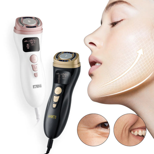 Two skincare devices with a woman's face and before-and-after skin comparisons on a white background.