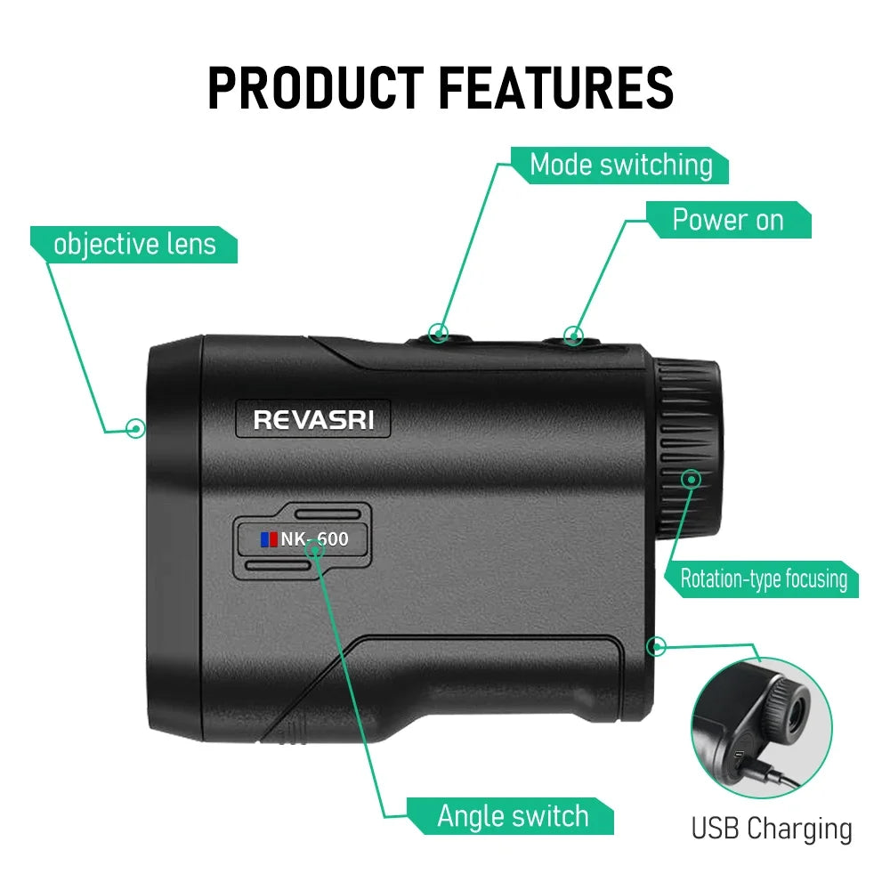 Black REVASRI rangefinder with labeled features on a white background