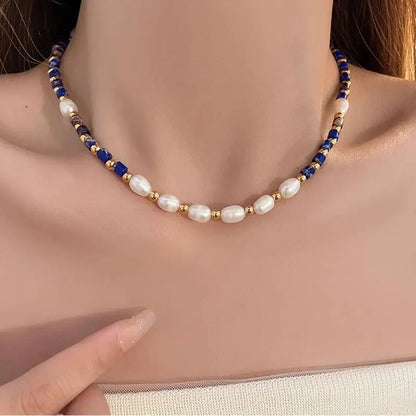 New Arrival 100% Natural Freshwater Pearl & Lapis Lazuli Stone 14K Gold Filled Female Beads Chain Necklace Jewelry For Women
