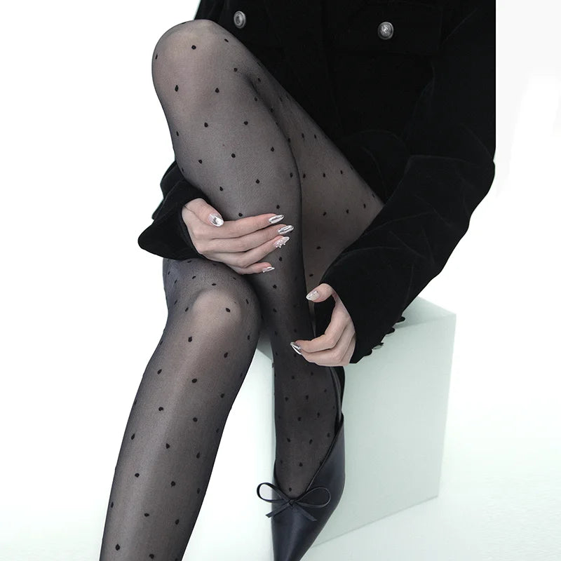 Vintage Dot Sheer Tights Women Summer Thin Nylon High Waist Stockings Pantyhose Silky Footed Tights for Women 2025 Y2K Style