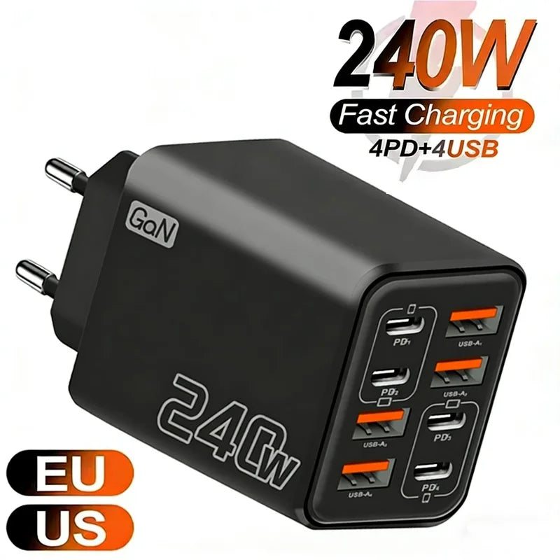 Black 240W fast charging adapter with multiple USB ports on a white background