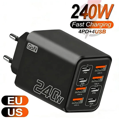 Black 240W fast charging adapter with multiple USB ports on a white background