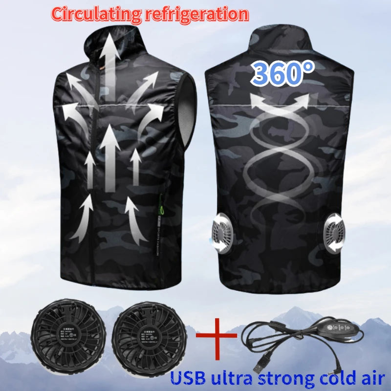 Black cooling vest with fans and USB cable on a mountain background
