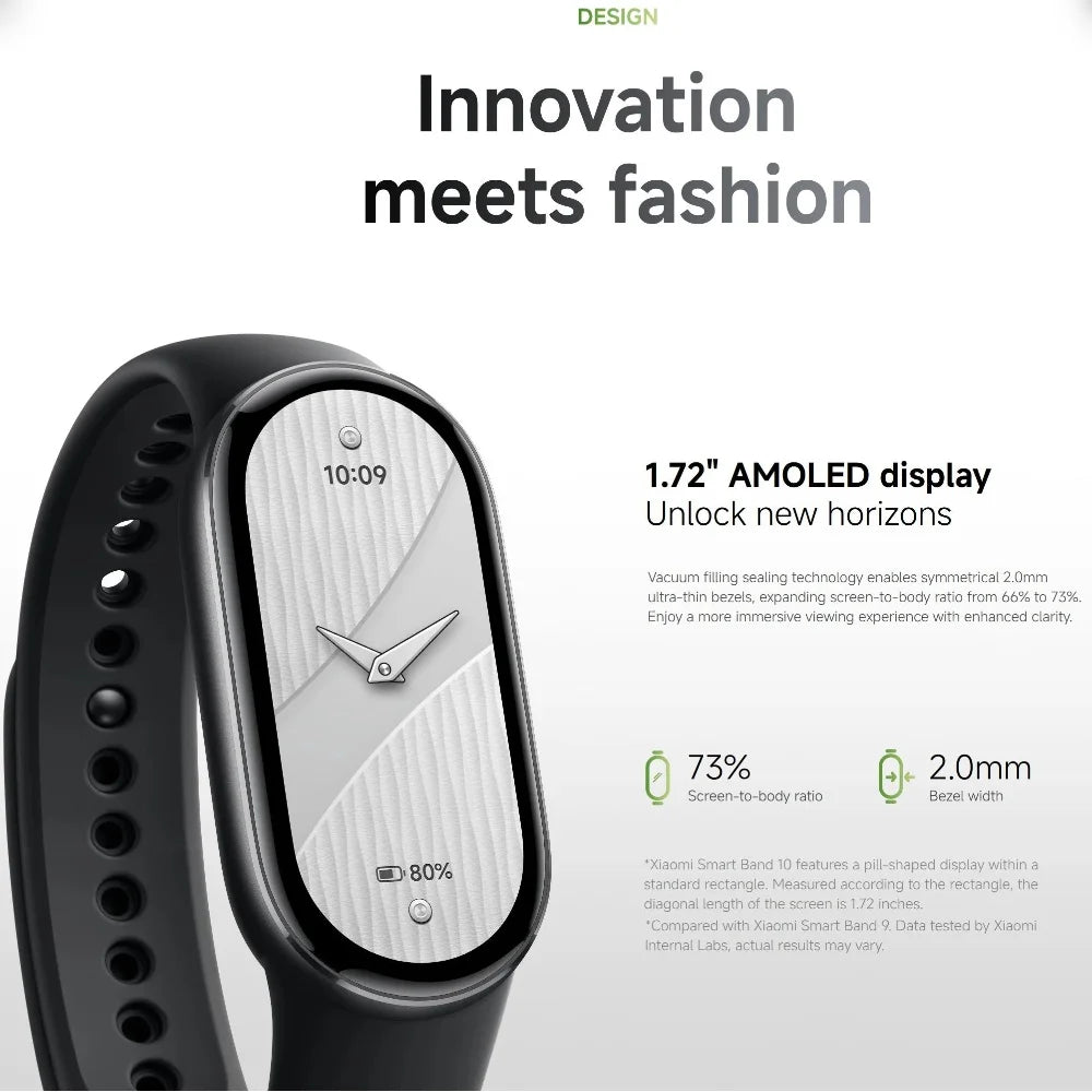 Smartwatch with black band and white display on a white background, featuring text about innovation and design.