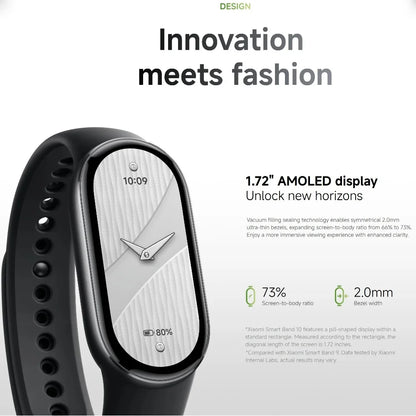Smartwatch with black band and white display on a white background, featuring text about innovation and design.