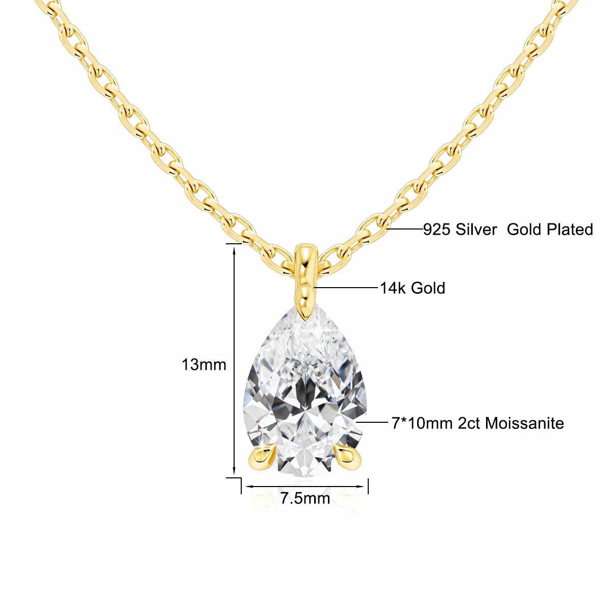 Gold necklace with a teardrop-shaped gemstone, showing material details and dimensions.