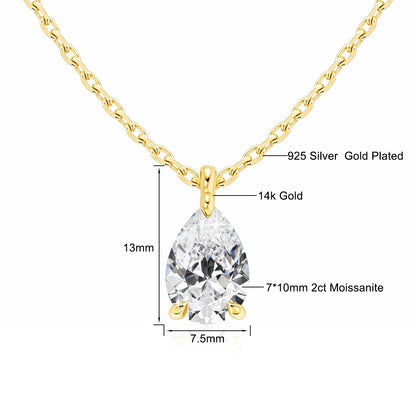 Gold necklace with a teardrop-shaped gemstone, showing material details and dimensions.