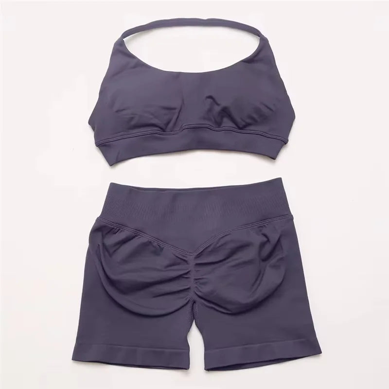 2Pcs Impacts Gym Set Tank Tops High Waist Scrunch Seamless Shorts Gym Suit Fitness Clothes Activewear Workout