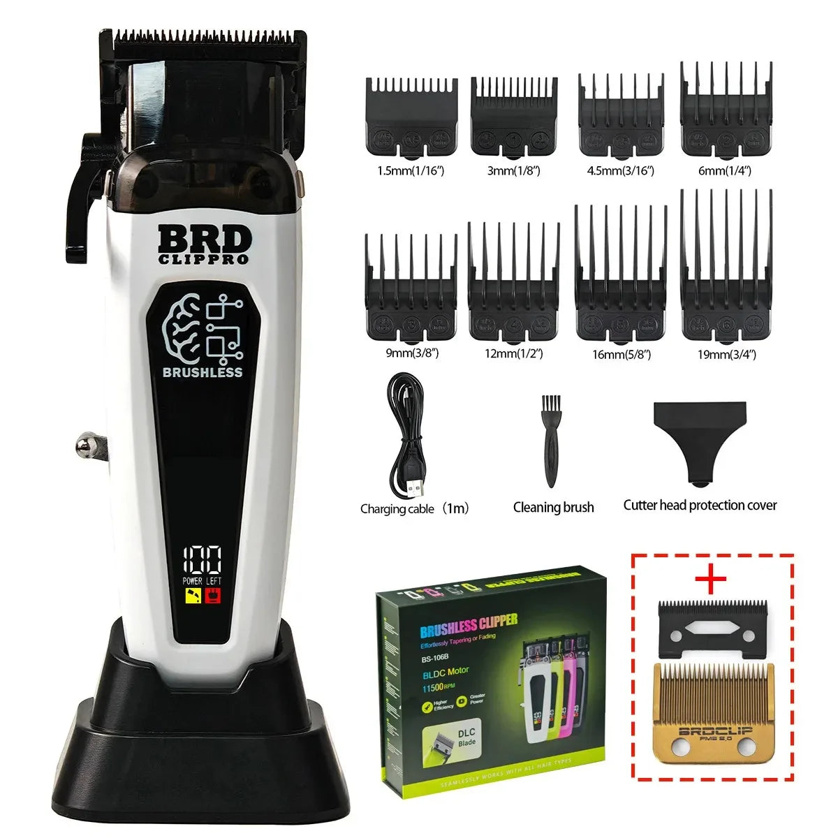 Hair clipper set with attachments and packaging on a white background