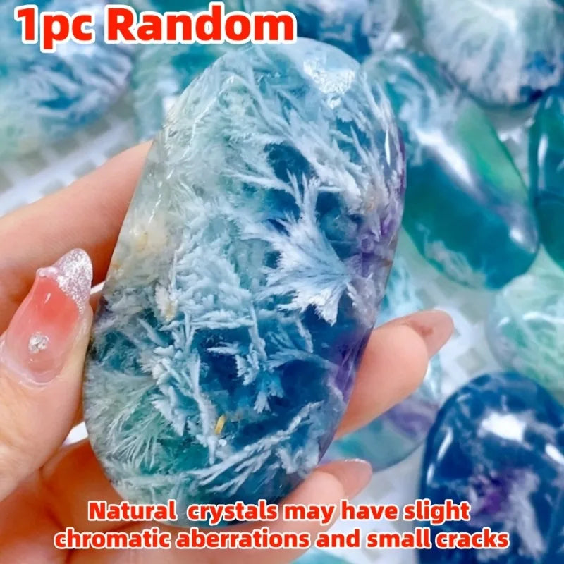 Quality Snowflake fluorite palm stone polished crystal palm stone vibrant color with purple