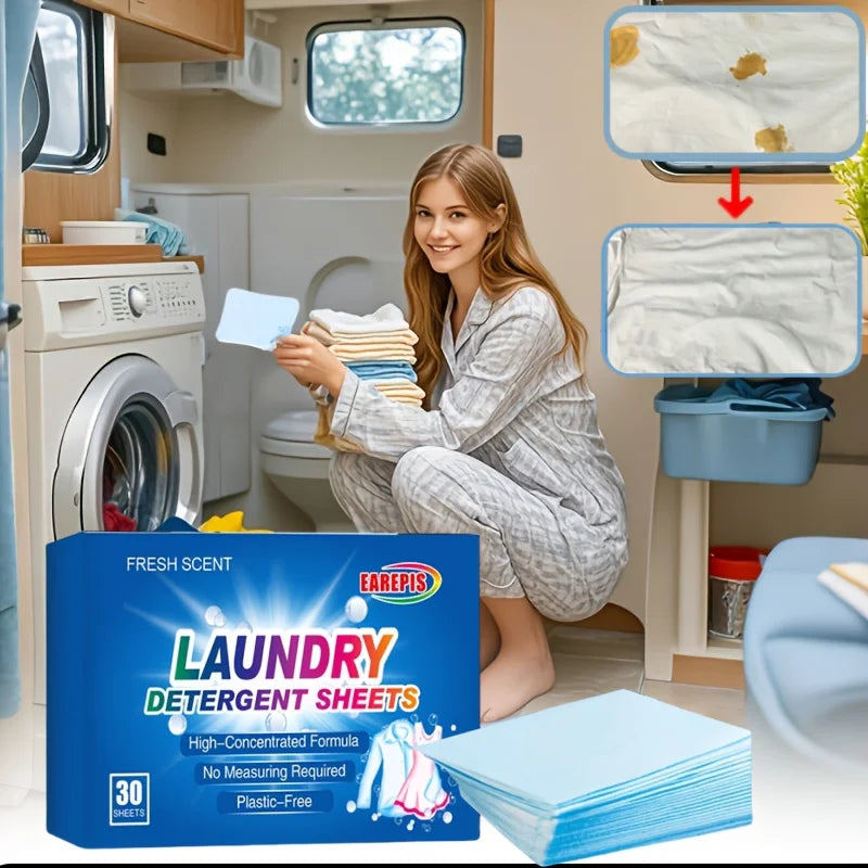 Woman in a compact living space with laundry detergent sheets and a washing machine.