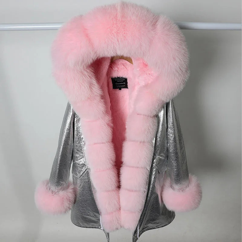 MAOMAOKONG Brand Long Winter Jacket Women Outwear Thick Parkas Natural Real Fox Fur Collar Coat Hooded Pink Female Clothing