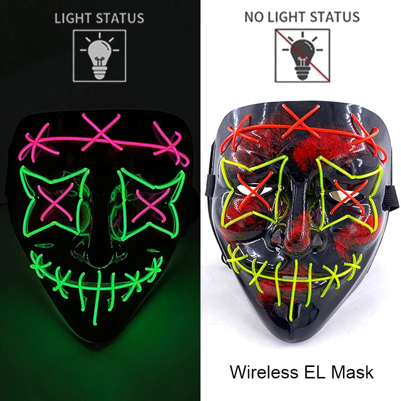 Drahtlose Neon-LED-Reinigungsmaske, im Dunkeln leuchtende Cosplay-Horrormaske, Halloween-Maskerade-Partymasken, leuchtende, lustige Verkleidung