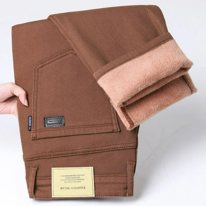Autumn Winter Warm Men's Fleece Thickened Elastic Pants Business Straight Casual Cotton Pants High End Brand Man Plush Trousers