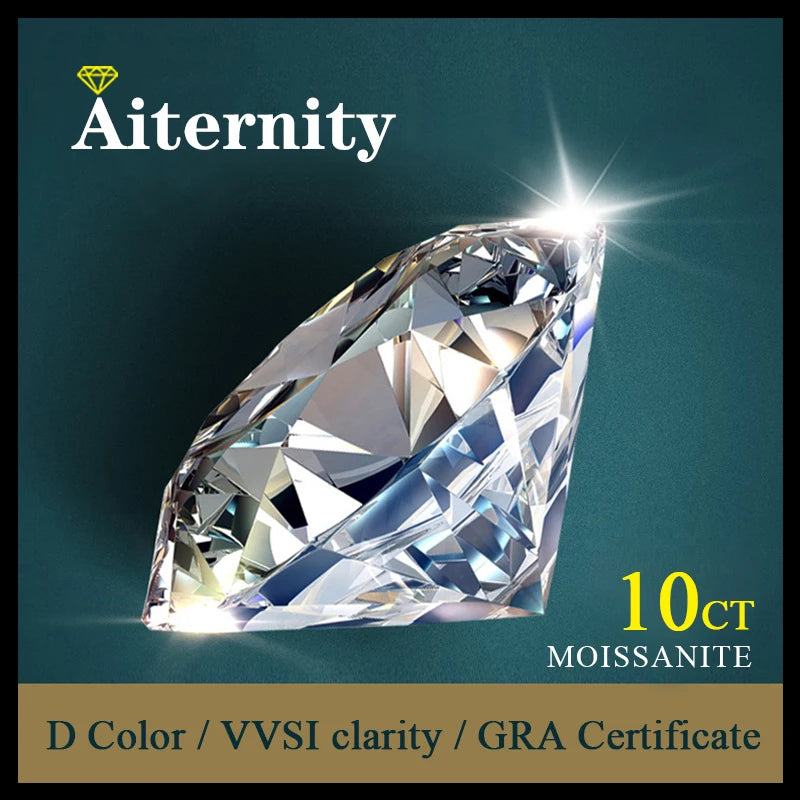 Moissanite gemstone with 'Aiternity' branding on a dark green background