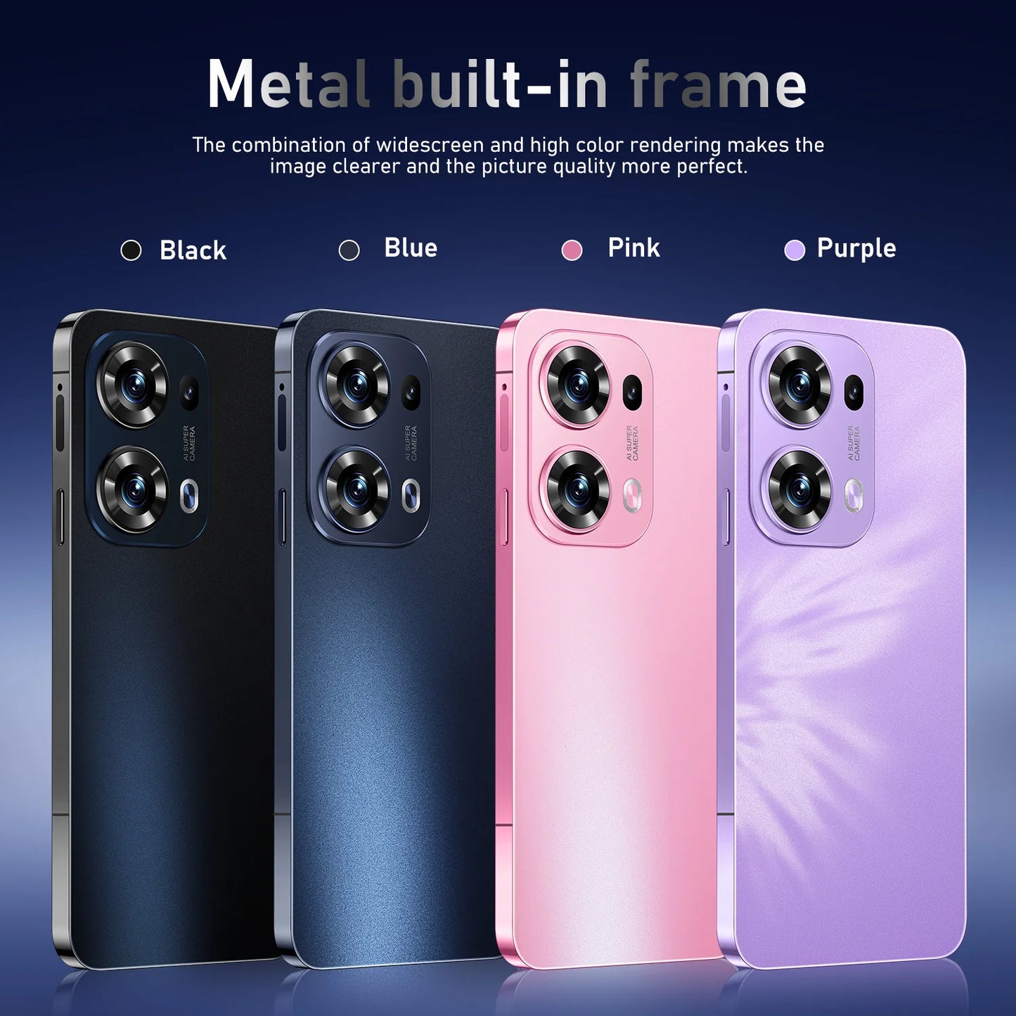 Four smartphones in black, blue, pink, and purple with a metal built-in frame feature.