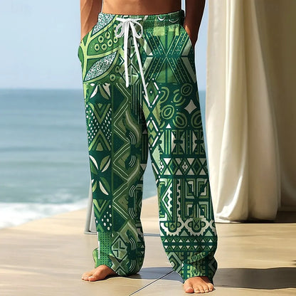 2025 Fall Men's Geometric Ethnic Pants Trousers Mid Waist Drawstring Elastic Waist Casual Outdoor Wide-leg Trousers For Mens