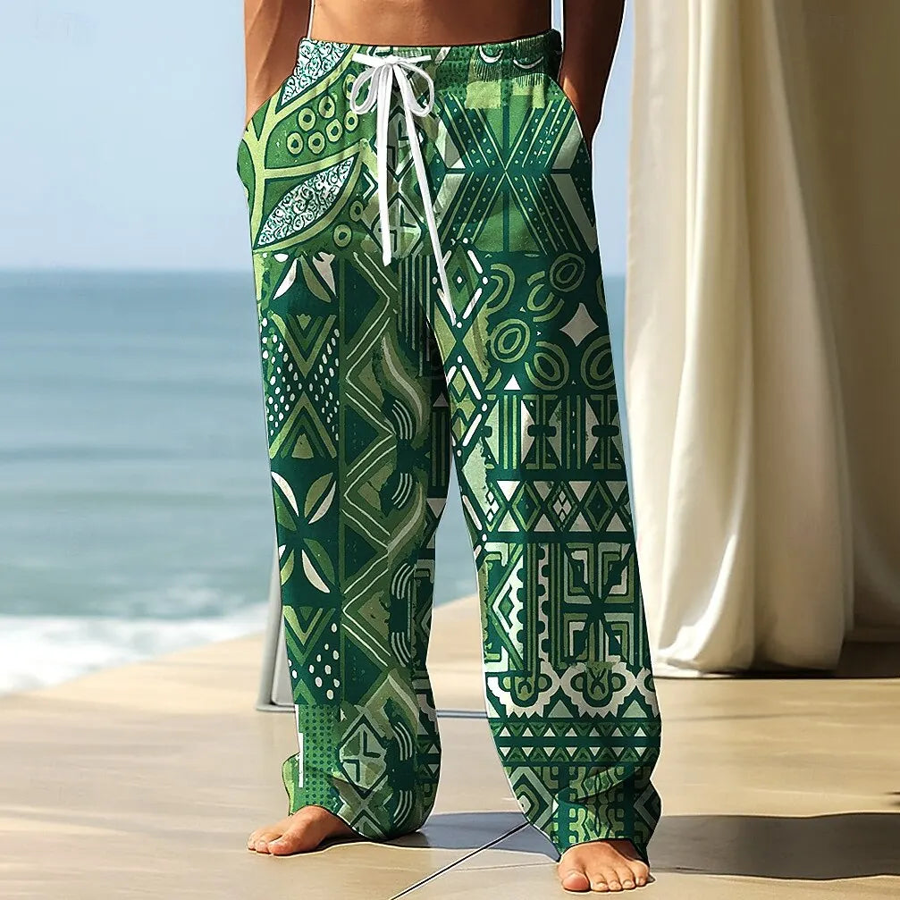 2025 Fall Men's Geometric Ethnic Pants Trousers Mid Waist Drawstring Elastic Waist Casual Outdoor Wide-leg Trousers For Mens