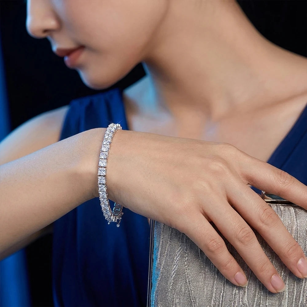 KNOBSPIN Princess Cut Moissanite Bracelets for Women s925 Sterling Silver Plated 18k White Gold GRA Certified Wedding Bracelet