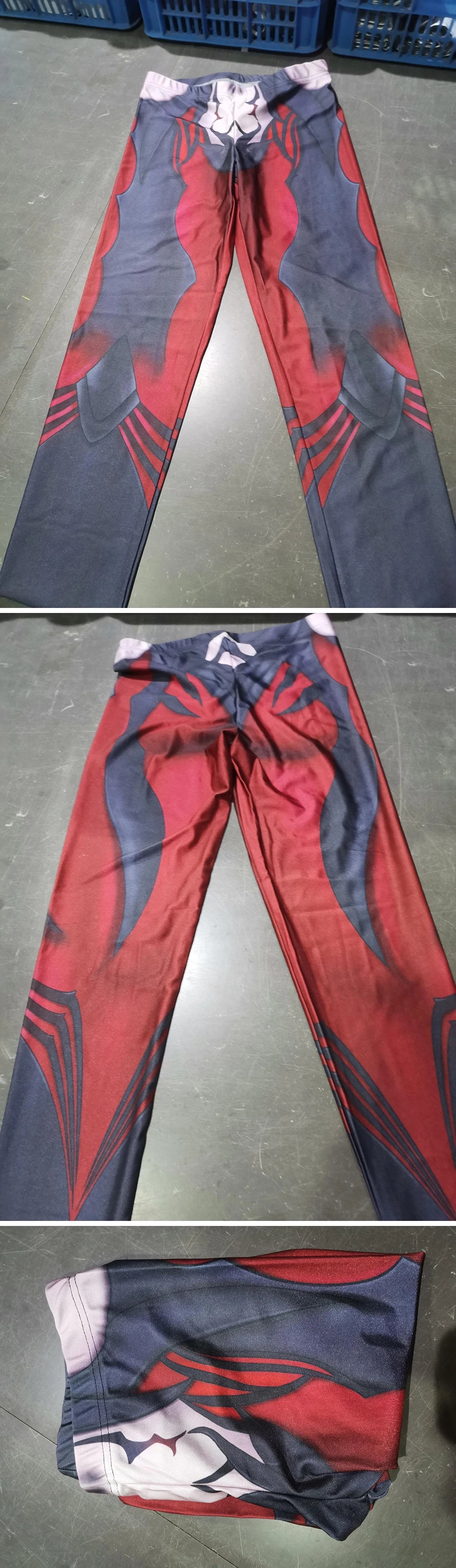 Red and blue pants with a pattern on a gray surface