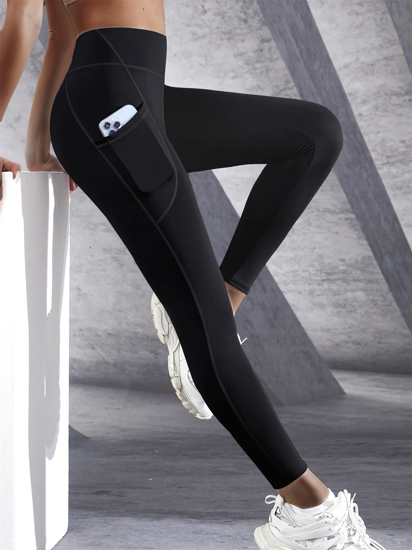 Neue High-Waist-Damen-Leggings Stretch-Yoga-Hosen Strumpfhosen mit Taschen Push-Up-Fitness-Lauf-Sportbekleidung Unifarbene Hosen