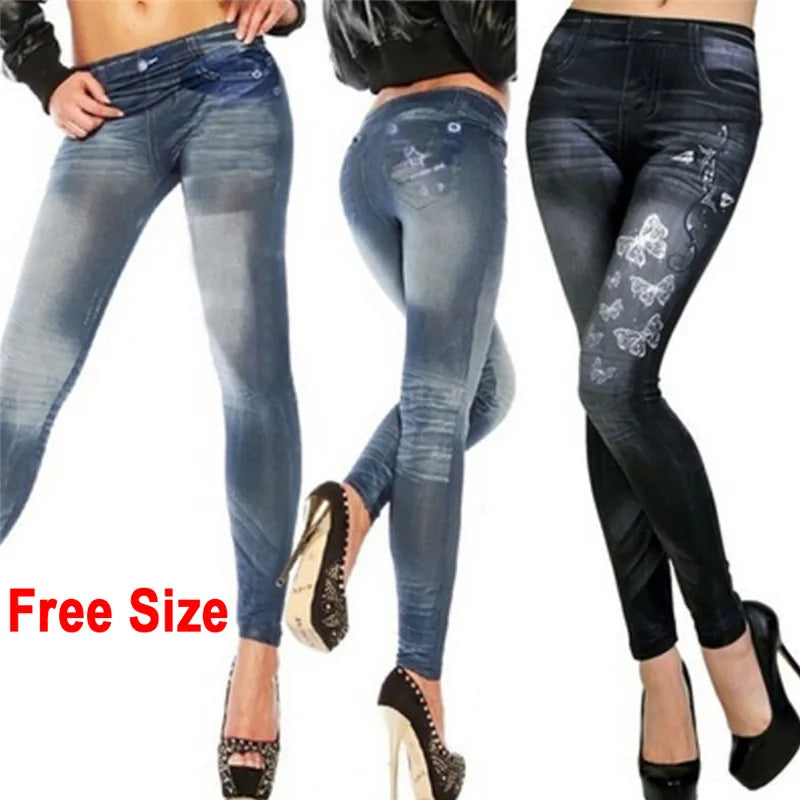 Three pairs of jeans with butterfly designs on a white background, labeled 'Free Size'.
